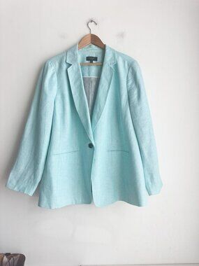 Talbots Seafoam Green Blue 100% Linen One Button Blazer 16W